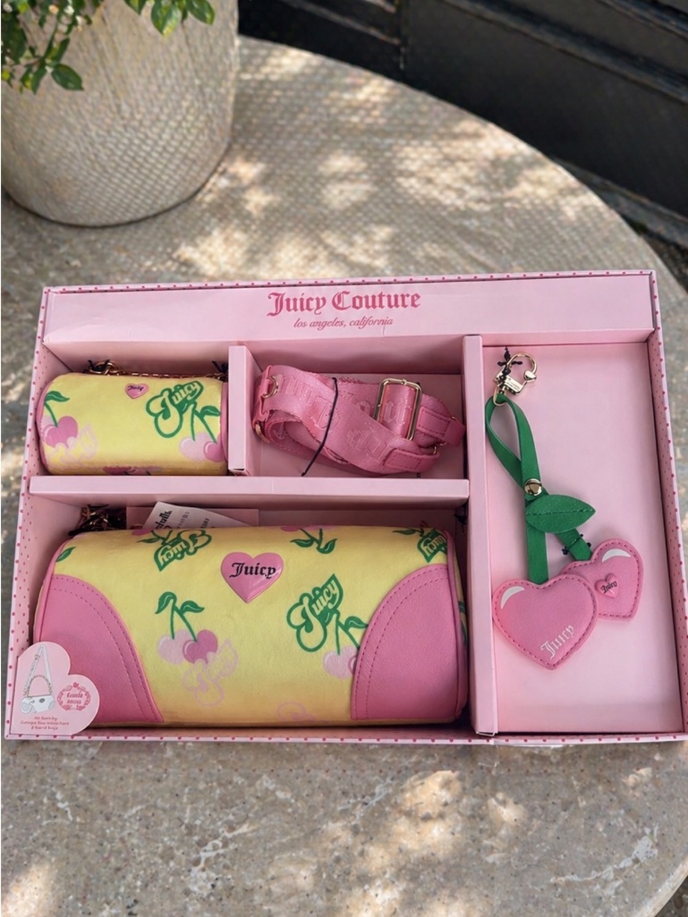 Juicy Couture Pink & Yellow Cherry Print Bag Set with Heart Charm